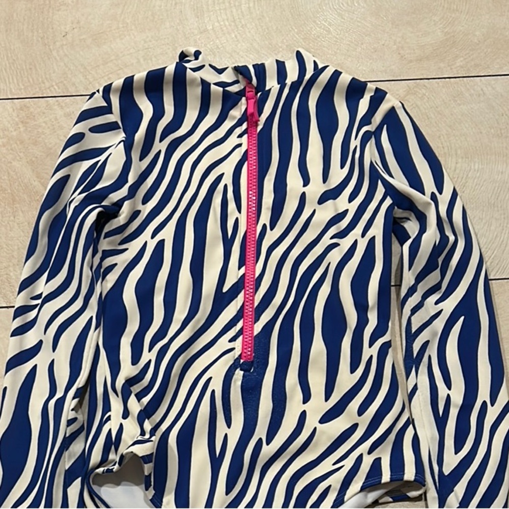 Boden Blue and White Zebra Kids Swim One Piece